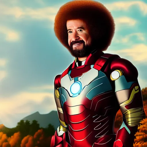 Image similar to a still of Bob Ross as Ironman. Magic Hour. Professional photography, 4K. Mood