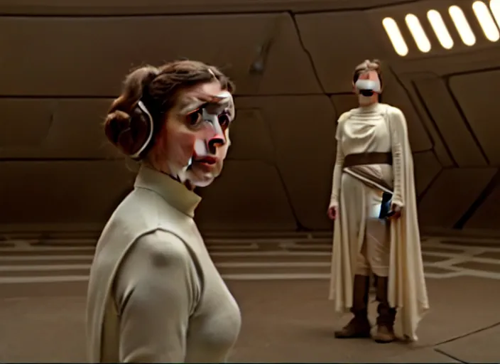 Image similar to portrait of Princess Leia alone at Jedi Temple scene from the last jedi, 2022, film by Stanley Kubrick, 4k serene, iconic , photoreal Carrie fischer, detailed stunning cinematography, hyper detailed, sharp, anamorphic lenses, kodak color film