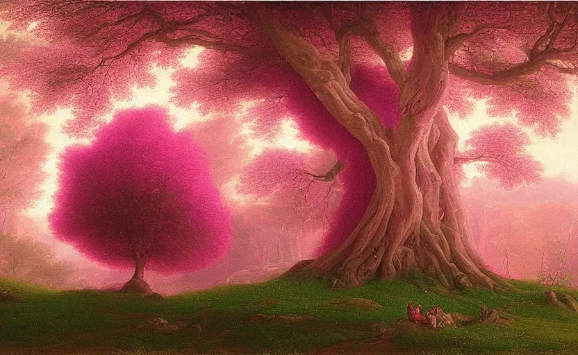 Image similar to a tree made of spiritual pink light painted by thomas cole