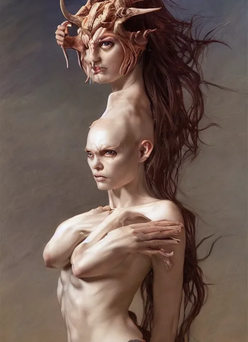 Prompt: half demon half human intricate skin ivory plastic, elegant, peaceful, full body, horns, hyper realistic, extremely detailed, dnd character art portrait, fantasy art, intricate fantasy painting, dramatic lighting, vivid colors, deviant art, artstation, by edgar maxence and caravaggio and michael whelan and delacroix.