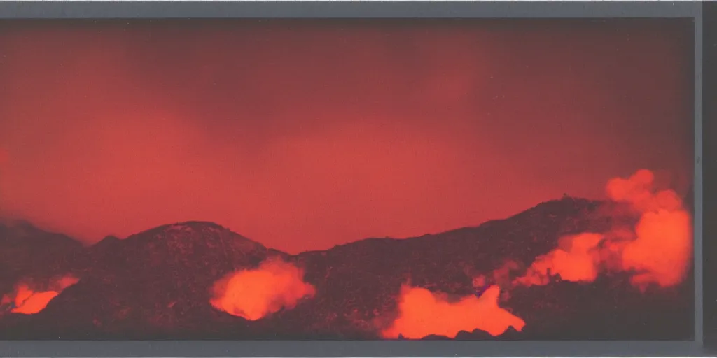 Image similar to polaroid photo of a vulcanic eruption, bright red lava, mountains in the background, clouds in the sky, a lot of smoke