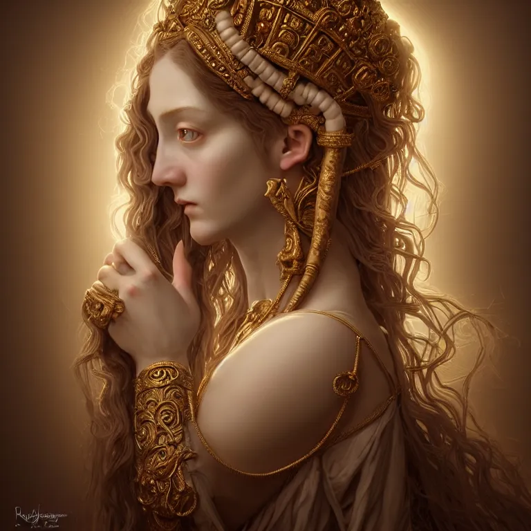 Image similar to renaissance style a wonderful female goddess with a wonderful face and realistic arms and hands and realistic 5 fingers and realistic body with long intricate hair with a beautiful porcelain symmetrical body dressed with a majestic warp ornate cream long cotton dress, hightly ornate, intricate, detailed, dramatic light, cinematic, award winning, octane render, blue light, tom bagshaw style