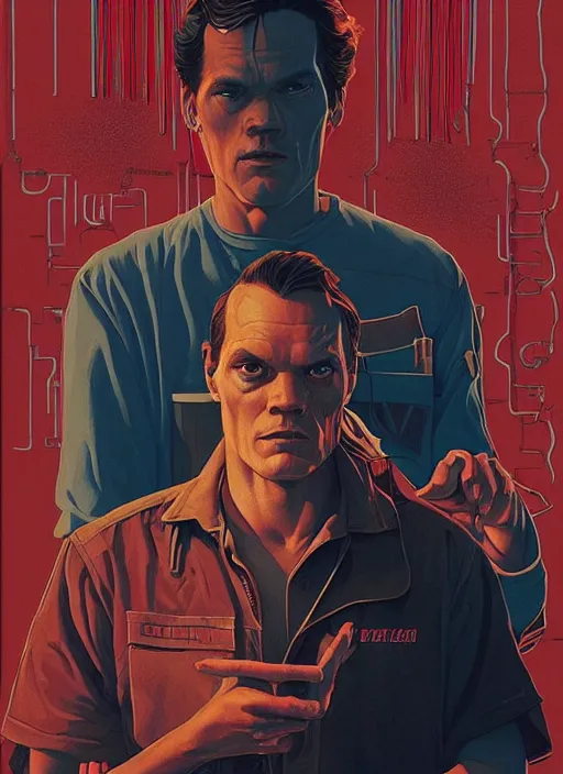 Image similar to poster artwork by Michael Whelan and Tomer Hanuka, Karol Bak of portrait of Michael Shannon!!!! the local mechanic clerk at the auto store, discovering aliens, from Twin Peaks, clean, simple illustration, nostalgic, domestic, full of details