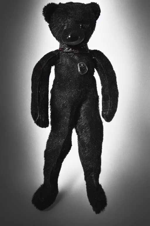 Prompt: vintage analog product photography of a black polished leather teddybear, 70s design, bright red, studio lighting, film grain, lensflare, color bleed, glare