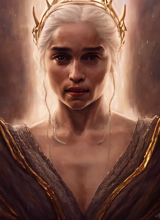 Image similar to cinematic portrait painting daenerys targaryen in fantastic dress aside dragon, royally decorated crystal gemstones incrustations, medium shot, clear symmetrical face enhancement, by lawrence alma - tadema, jaime jones, greg rutkowski, volumetric lights, deviantart contest winner, artstation, fantasy art, highly detailed, golden ratio