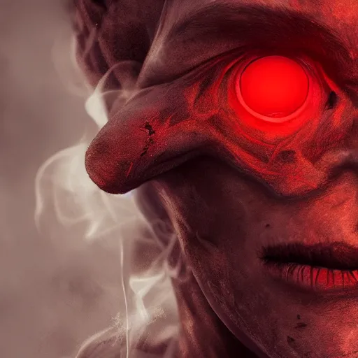 Image similar to realistic extremely detailed photo style portrait painting of a demon with smoke for a head and red burning eyes, rich moody colors, octane render, 4k