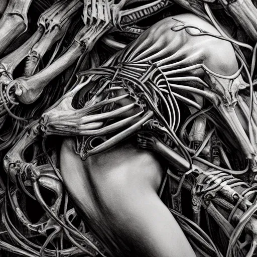 Image similar to cinematic scene of a detailed and intricate design of the back of full woman body wrapped in bones, close up, photo real, intrincate, in the style of giger, studio shot, dark shadows, creepy, nightmarish, dynamic lighting, great finesse organic hyper detailed, engineering blueprints, technical drawings, calculus, stained paper, hyperrealistic, ultra detailed, 16K, unreal engine, trending on artstation