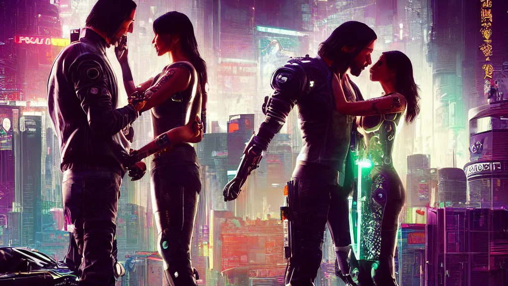 Image similar to a cyberpunk 2077 srcreenshot couple portrait of Keanu Reeves and a female android final kissed in night city,love,romantic,film lighting,by Lawrence Alma-Tadema,Andrei Riabovitchev,Laurie Greasley,Dan Mumford,John Wick,Speed,Replicas,artstation,deviantart,FAN ART,full of color,intricate,concept art,smooth,elegant,Digital painting,illustration,sharp focus,face enhance,highly detailed,8K,octane,golden ratio,cinematic lighting