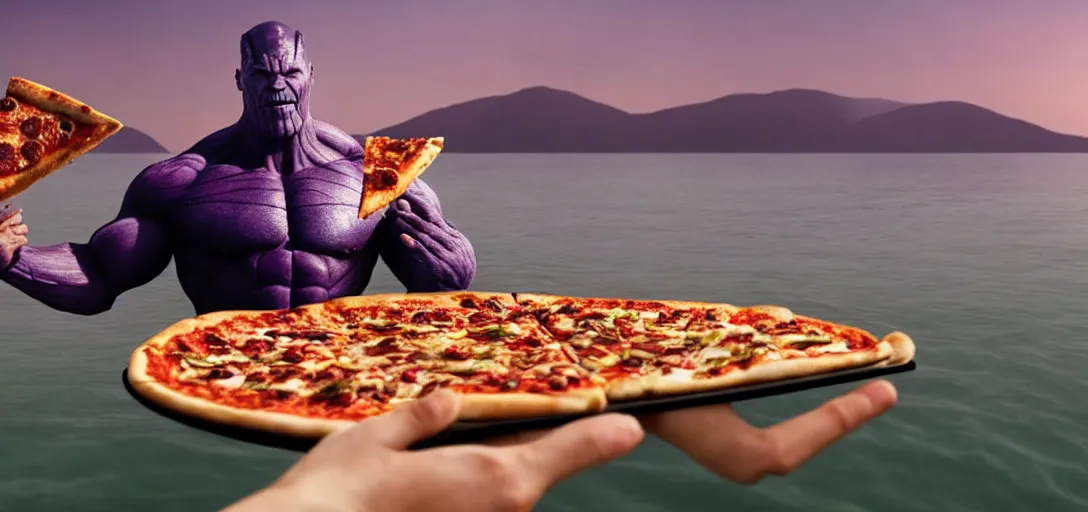 Image similar to a very high resolution image from a new movie. thanos eating pizza on a lake, photorealistic, photography, directed by wes anderson