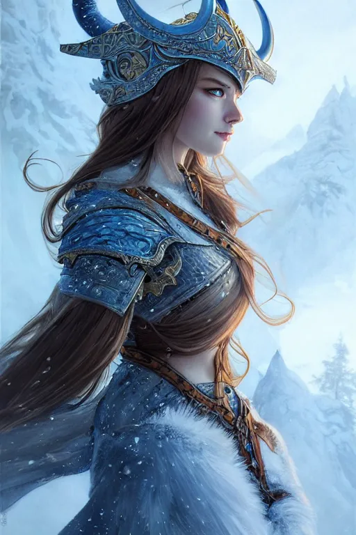 Image similar to azure viking warrior, regal, elegant, winter, snow, beautiful, stunning, hd, illustration, epic, d & d, fantasy, intricate, elegant, highly detailed, digital painting, artstation, concept art, smooth, sharp focus, illustration, wallpaper, art by artgerm and greg rutkowski and alphonse mucha and jin xiaodi