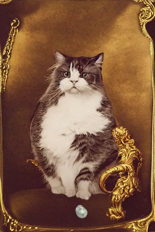 Prompt: a magnificent tintype portrait of a fluffy fat cat on an embroidered velvet cushion on a neo - rococo gilded little bed with precious stones, balls of yarn, by david lachapelle, photorealistic, photography, wide shot