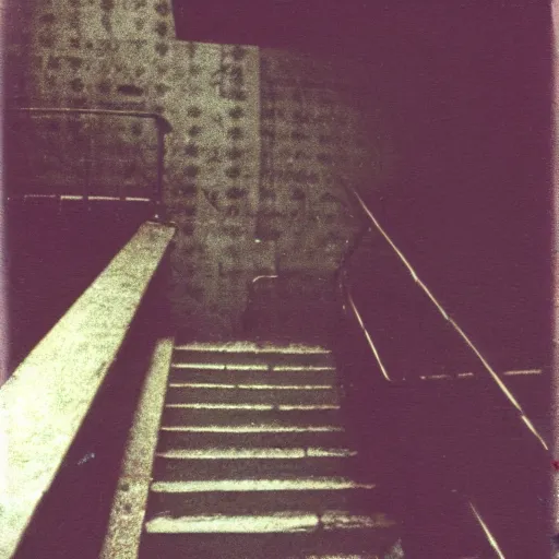 Image similar to a replicant at the top of a dark stairwell, abandoned, creepy, eerie, scary, old polaroid, expired film, out or focus,