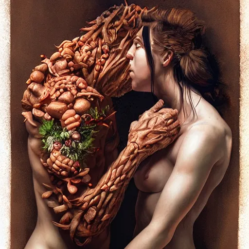 Image similar to two bodies entwined by arcimboldo, greg rutkowski, trending on artstation