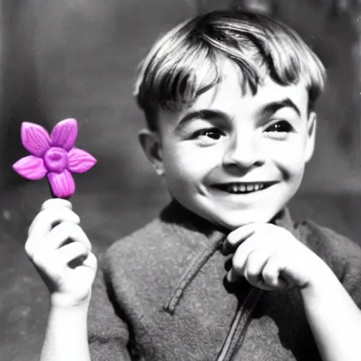 Image similar to the little prince of saint exupery smiling with a purple flower on his hand made of clay