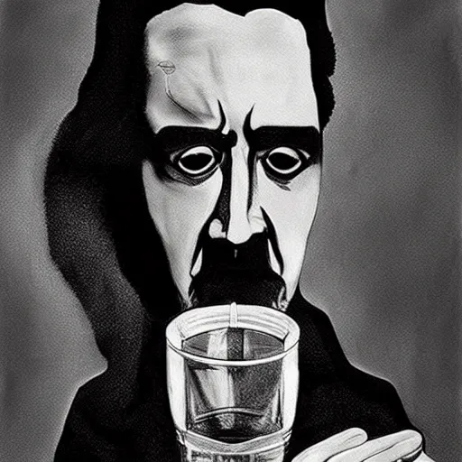 Prompt: Tarantino drinking from bottle Nicolas Cage in liquid form, Surrealism, Surreal drawing, Digital art, from artstation, art by Salvador Dali