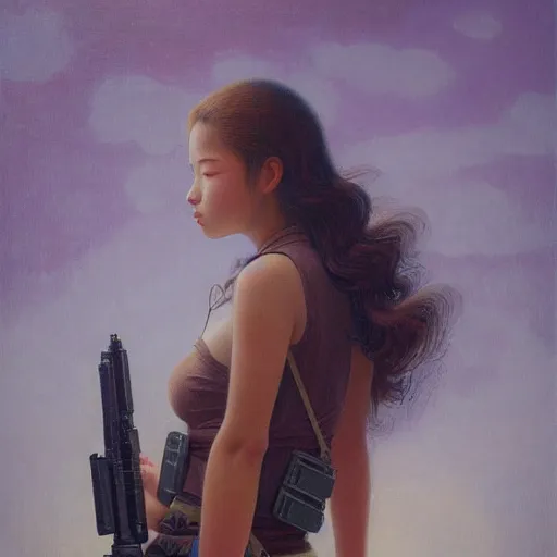 Image similar to a ultradetailed beautiful painting of a girl holding a gun on rio de janeiro by cheng hsiao - ron, ngai victo, jean delville by wlop and dougherty patrick, trending on artstation, sci fi, futurism, post capitalism, octane rendering, sharp focus