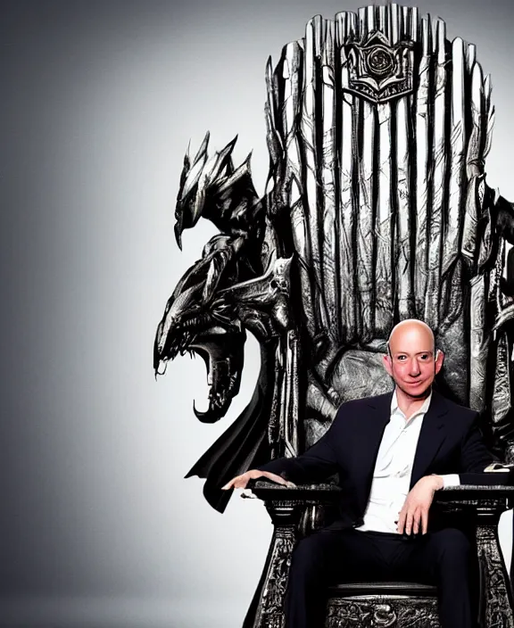 Image similar to a vivid fantasy portrait of jeff bezos sitting on a dark throne