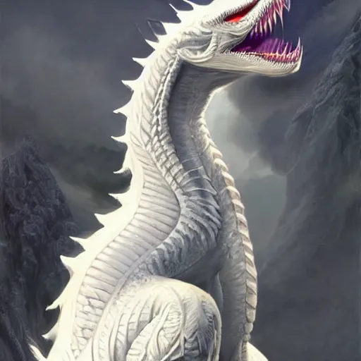 Image similar to Perfectly-centered portrait-photograph of a real life white dragon from heaven, lifelike, super highly detailed, professional digital painting, artstation, concept art, Unreal Engine 5, Photorealism, HD quality, 8k resolution, cinema 4d, 3D, beautiful, cinematic, art by artgerm and greg rutkowski and alphonse mucha and loish and WLOP