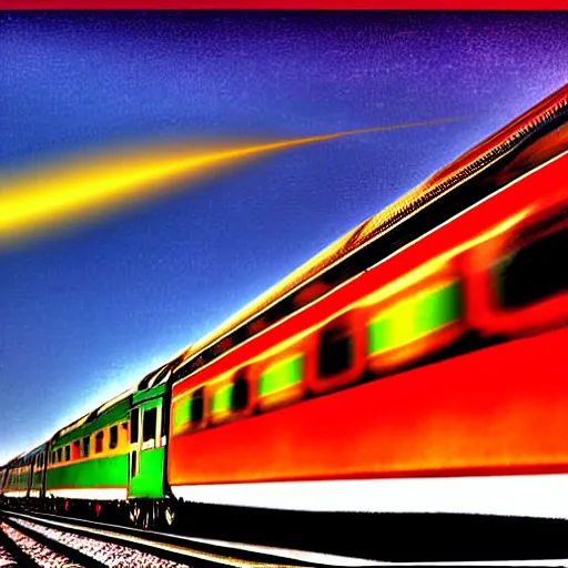 Prompt: A digital art of an Indian train flying through the sky with magical jet turbines, but as a photograph