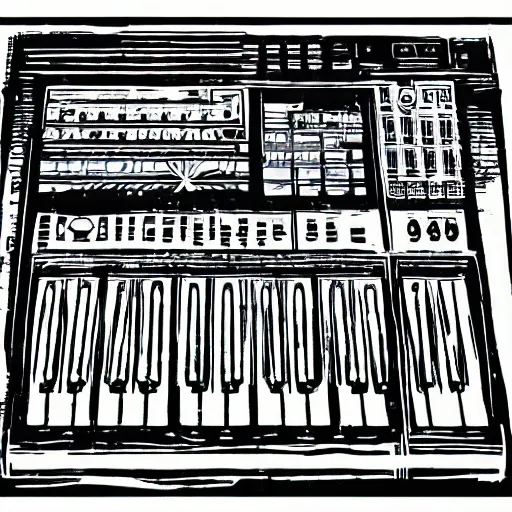 Image similar to psychodelic linocut of an Akai MPC-60