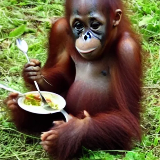 Prompt: baby orangutang eating with knife and fork, low quality 2 4 0 p old smartphone photo meme