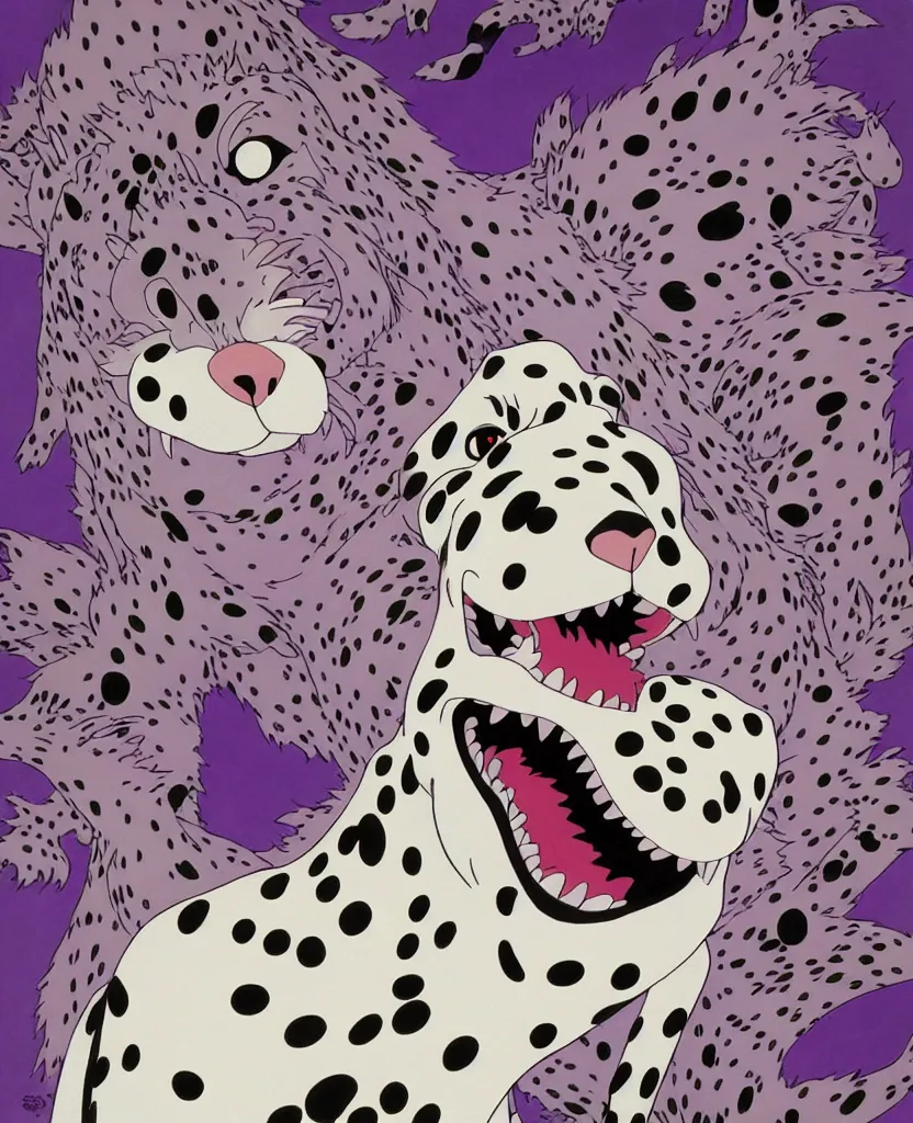 Image similar to beautiful painting from the anime film by studio ghibli, purple anthropomorphic Dalmatian, snarling, drooling, fur, by MC Escher