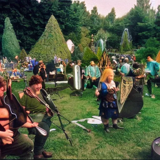 Image similar to a beatiful dwarven festival in 1994 in a fertile green park with surreal elven nature, a gnome rock band concert and dwarven BBQ