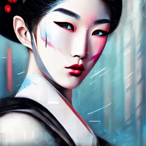 Image similar to portrait of beautiful japan cyberpunk geisha, by nick silva, ja mong, greg rutkowsky, digital, soft painting, photorealism, skin reflections