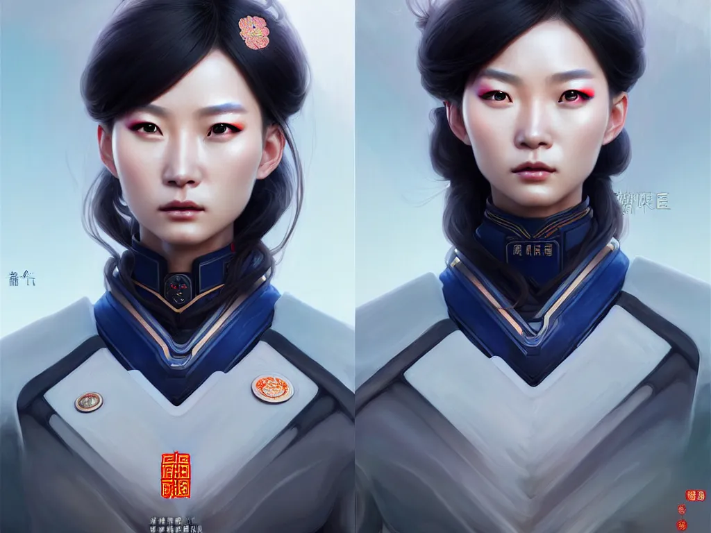 Image similar to portrait futuristic china police uniform female, at future neon light rooftop, ssci - fi and fantasy, intricate and very very beautiful and elegant, highly detailed, digital painting, artstation, concept art, smooth and sharp focus, illustration, art by tan zi and ayanamikodon and alphonse mucha and wlop