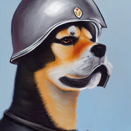 Image similar to A painting of a Shiba Inu dog wearing a soldier's helmet