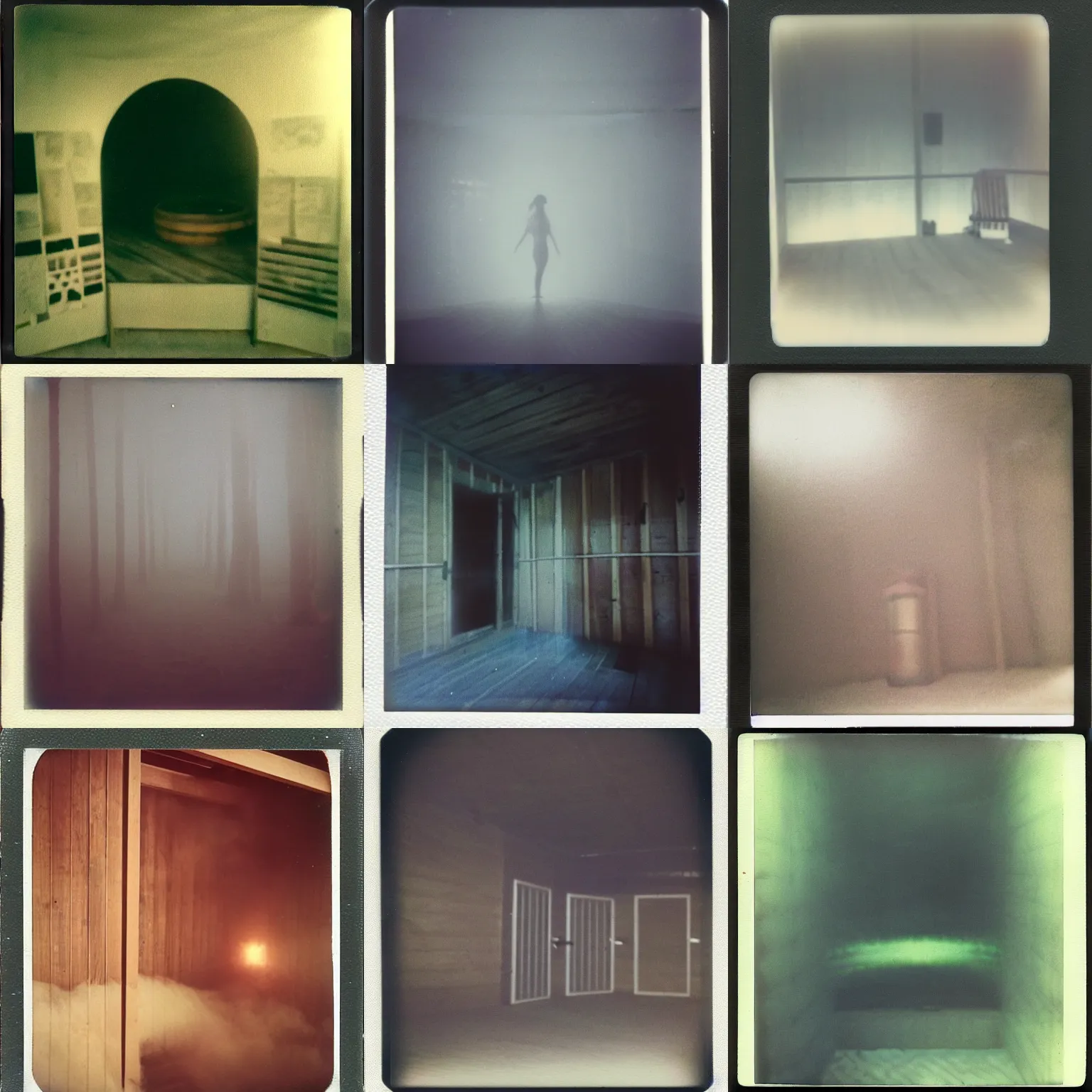 Prompt: misty infinite sauna, liminal space, eery ambiance, polaroid photo