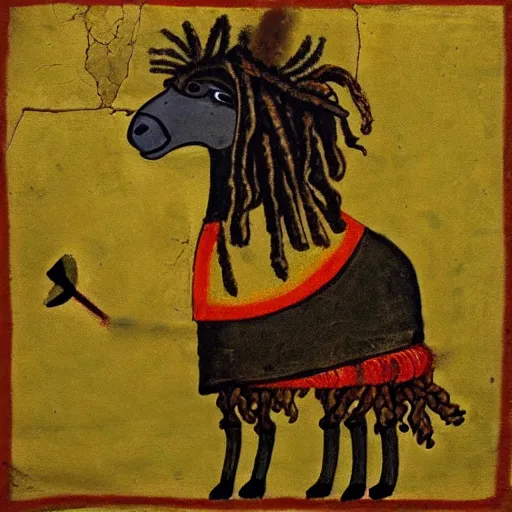 Image similar to a medieval wall painting of a Rastafarian sheep with dreadlocks, trending on artstation