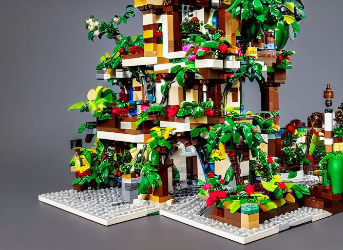 Prompt: product photo still of hanging gardens of babylon lego playset, 8 k, 1 2 0 mm macro, f 1. 8, studio lighting, key light