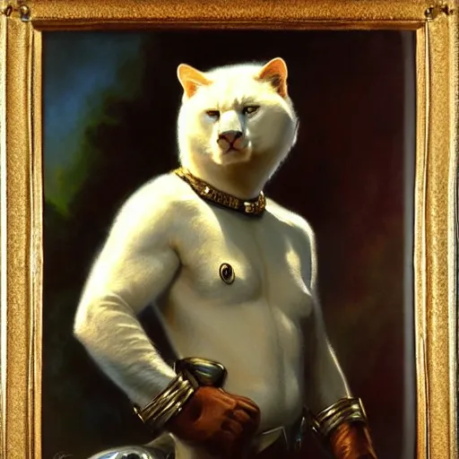 Image similar to a portrait of a manly bear white cat feline, blue eyes, star trek the next generation. highly detailed painting by gaston bussiere, craig mullins, j. c. leyendecker, furry