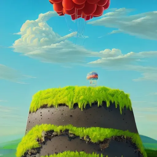 Image similar to a giant floating cake, with giant floating balloons above a beautiful landscape. digital art, highly - detailed, artstation cgsociety masterpiece