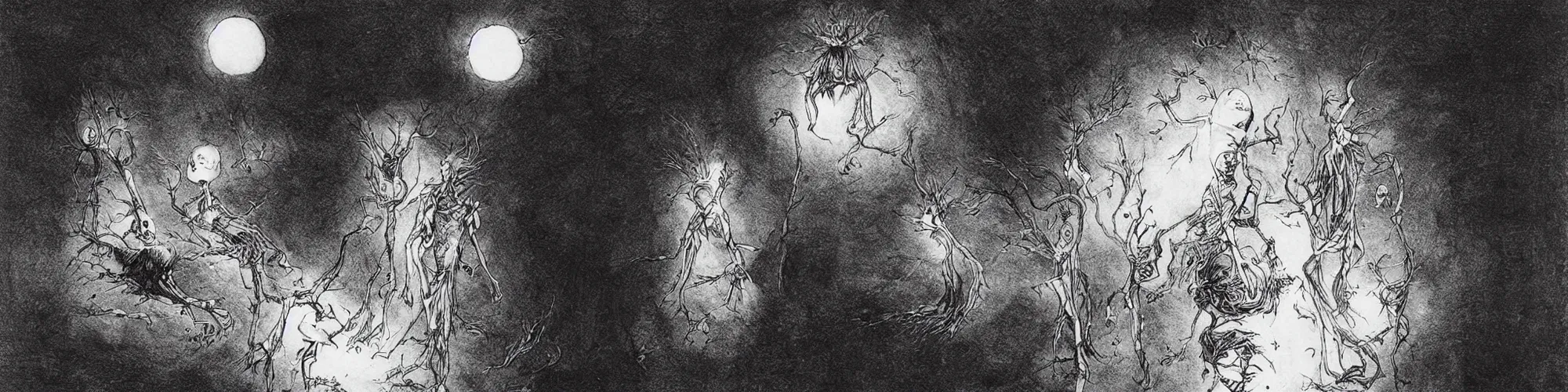 Prompt: dawn of creation ; first atom ; beings of light and darkness ; ethereal plane. extremely dark image. illustrated by maurice sendak and stephen gammell and junji ito and dr seuss and tsutomu nihei