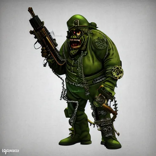 Image similar to highly detailed steampunk morbid obese undead heavy soldier with heavy machine guns, intricate, rusty, green radioactive glow, toxic waste, 3D render