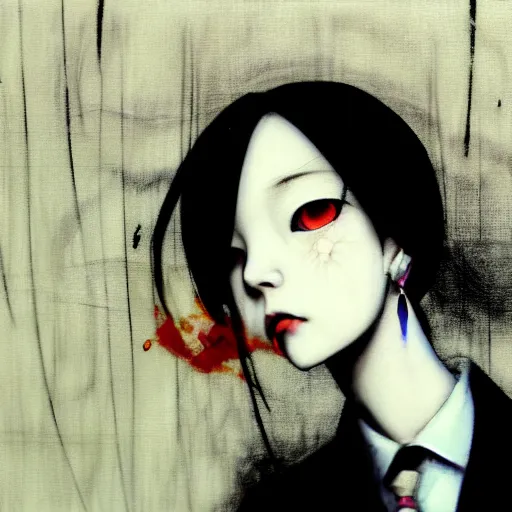 Image similar to yoshitaka amano blurred and dreamy realistic three quarter angle horror portrait of a sinister young woman with short hair, big earrings and white eyes wearing office suit with tie, black and white junji ito abstract patterns in the background, satoshi kon anime, noisy film grain effect, highly detailed, renaissance oil painting, weird portrait angle, blurred lost edges