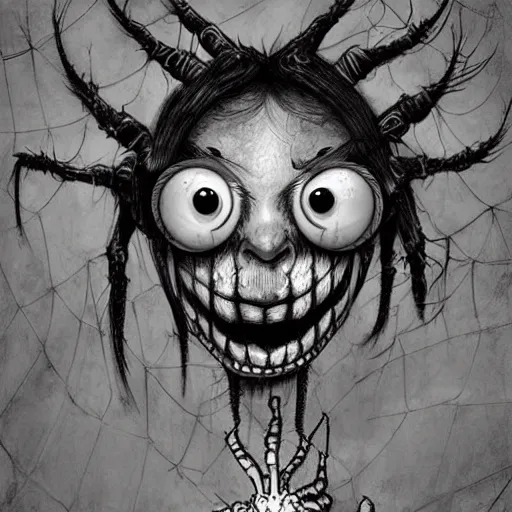 Prompt: surrealism grunge cartoon sketch of a human spider with a wide smile holding flowers by - michael karcz, loony toons style, horror theme, detailed, elegant, intricate