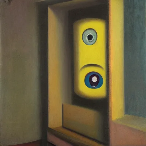 Image similar to super - intelligent robot with kind eyes portrait, in a photo booth, grant wood, pj crook, edward hopper, oil on canvas