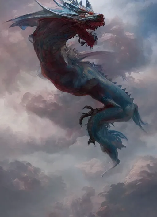 Prompt: semi reallistic painting, by yoshitaka amano, by ruan jia, by Conrad roset, by dofus online artists, detailed 3d render of traditional dragon coming out of the clouds, portrait, cgsociety, artstation, Digital reality, drawn