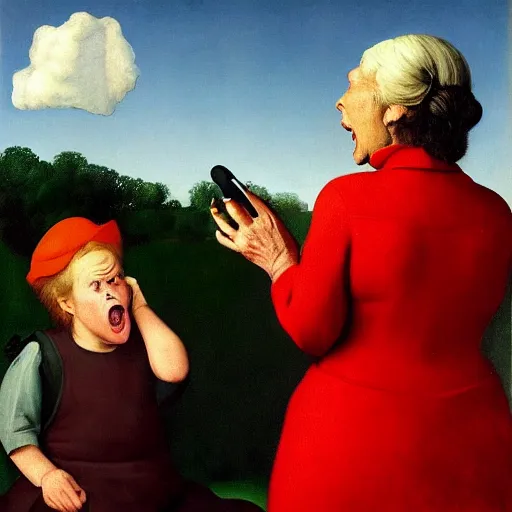 Image similar to a batshit crazy old woman yelling at the kids by Raphael, Hopper, and Rene Magritte. detailed, romantic, enchanting, trending on artstation.