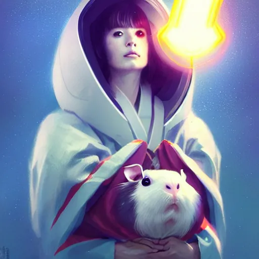 Image similar to cute anthropomorphic cyborg guinea pig full in kimono in a spaceship, body portrait, divine lightning, by greg rutkowski, by charlie bowater