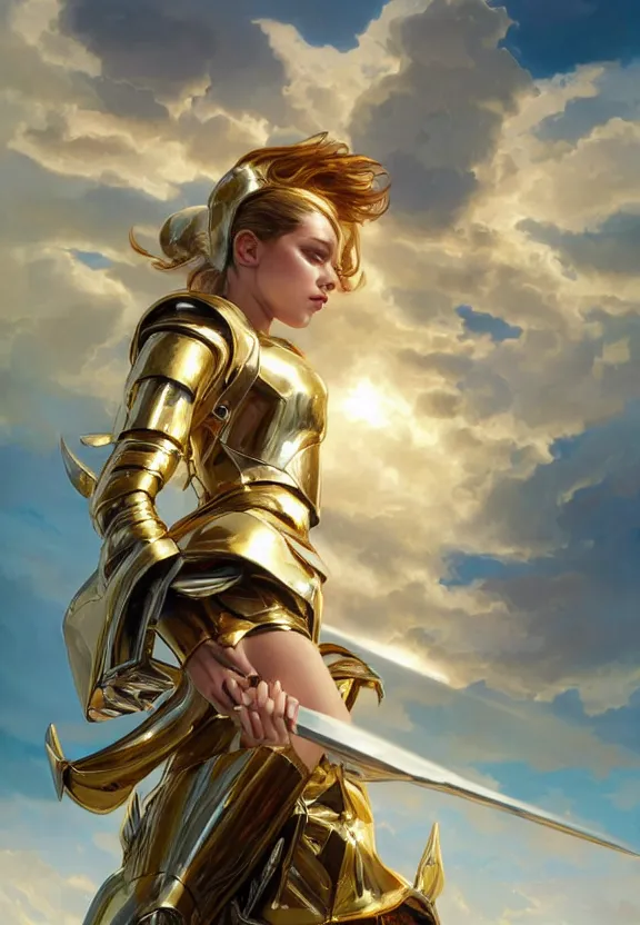 Image similar to A beautiful fierce photogenic angel wearing metallic battle armor, posing among heavenly sunlit clouds, close-up shot, elegant, digital painting, golden hour, cinematic, trending on artstation, concept art, smooth, sharp focus, illustration, art by artgerm and Greg Rutkowski and Alphonse Mucha