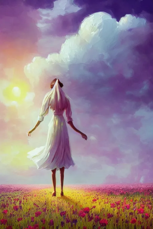 Image similar to giant white flower head, girl walking in a flower field, surreal photography, sunrise, dramatic light, impressionist painting, colorful clouds, digital painting, artstation, simon stalenhag