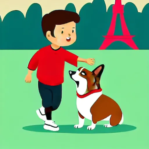 Image similar to illustration of french boy playing football with a corgi wearing a polkadot scarf in front of the eiffel tower