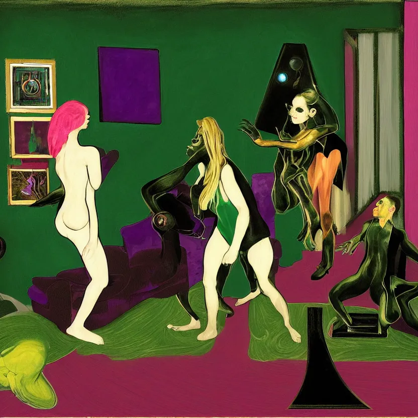Prompt: Man and woman start to bounce in a living room of a house, floating dark energy surrounds the middle of the room. There is one living room plant to the side of the room, surrounded by a background of dark cyber mystic alchemical transmutation heavenless realm, dark emerald green magenta colors, cover artwork by francis bacon and Jenny seville, midnight hour, part by adrian ghenie, part by jeffrey smith, part by josan gonzales, part by norman rockwell, part by phil hale, part by kim dorland, artstation, highly detailed