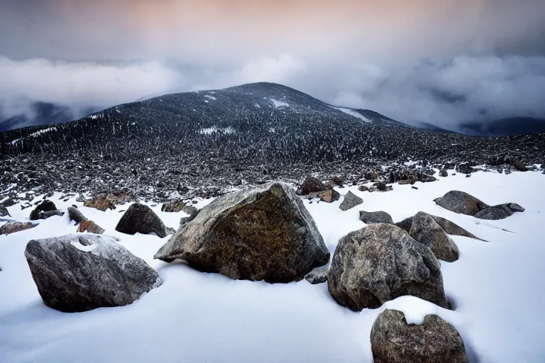 Image similar to franconia ridge, a mountain covered in snow and rocks under a cloudy sky, a tilt shift photo by david budd, trending on unsplash, hudson river school, high dynamic range, still from grand theft auto 5, rockstar advanced game engine