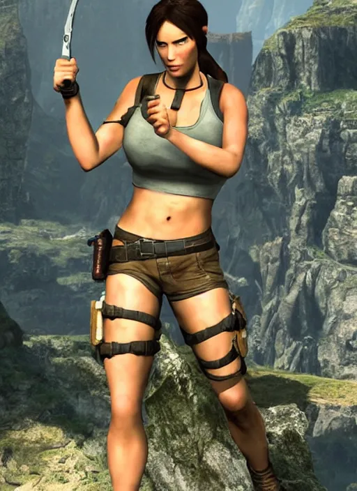 Image similar to lara croft pointing at the camera