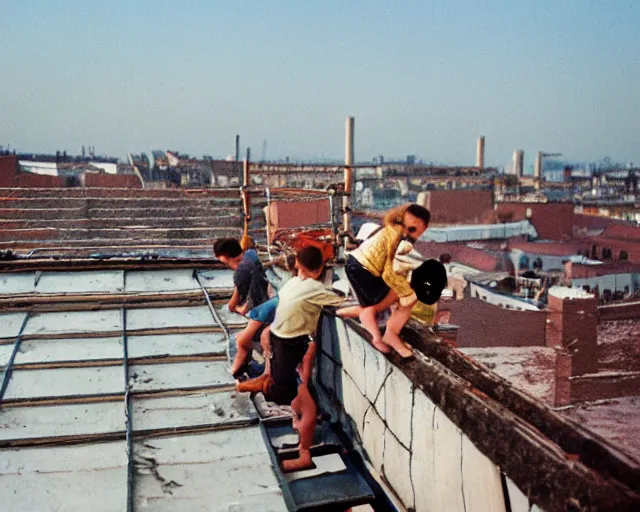 Image similar to lomo photo of roofjumpers climbing on roof of soviet hrushevka, small town, cinestill, bokeh, out of focus